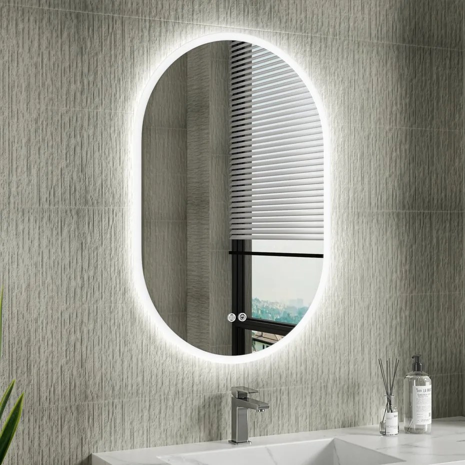 Erga Demi, oválne LED zrkadlo 60x90cm, 3 farby svetla, predné osvetlenie, vyhrievacia podložka proti zapareniu, ERG-V01-Demi-6090-CL