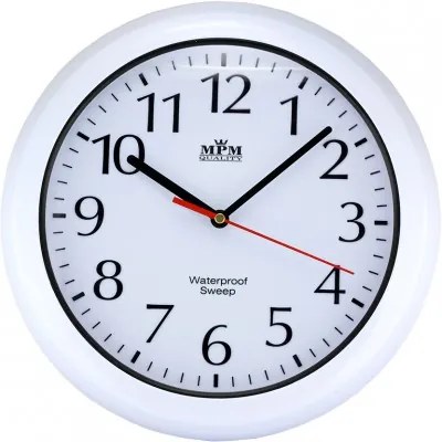 Vodoodolné nástenné hodiny MPM 2535.00, biele, tichý chod Sweep, 30 cm