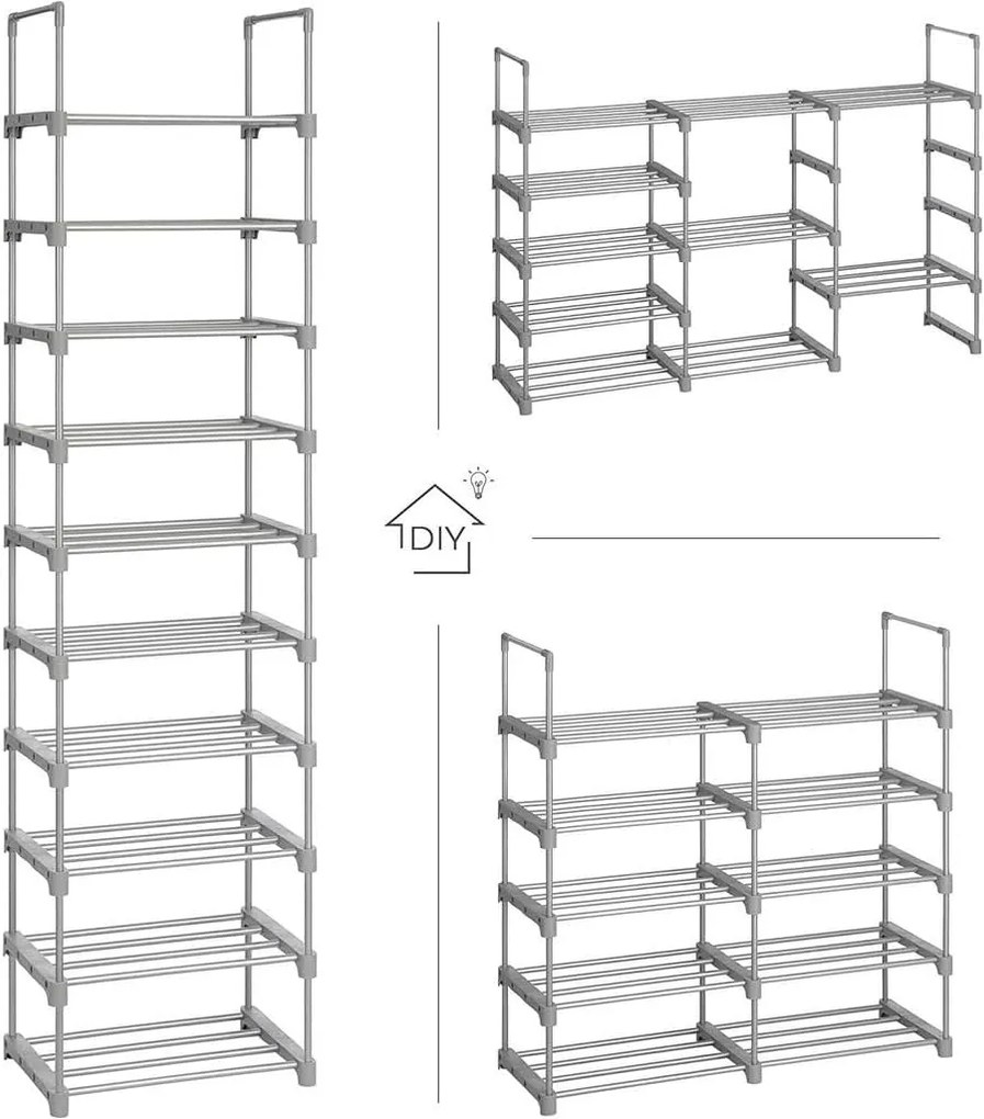 SONGMICS Skladací kovový regál na topánky 10 políc sivá