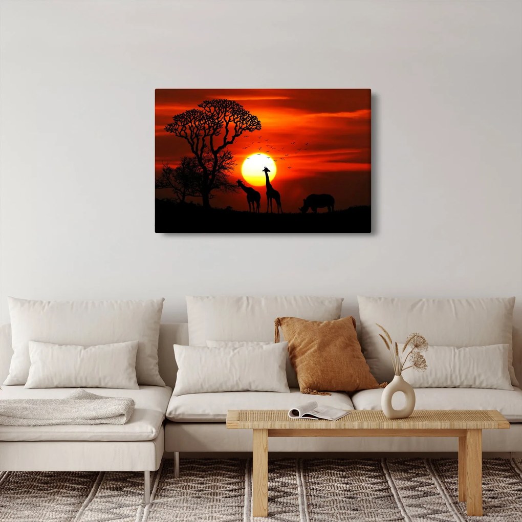Obraz - Siluety zvierat pri západe slnka (90x60 cm)