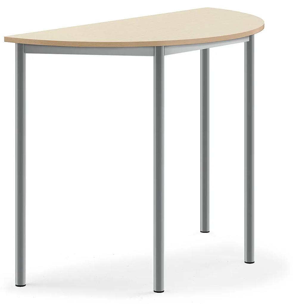 Stôl SONITUS, polkruh, 1200x600x900 mm, HPL - breza, strieborná