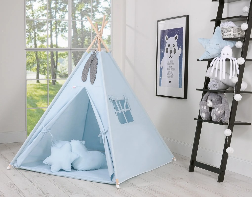 Bobono Stan Teepee pre deti + hracia podložka + vankúše + ozdobné perie - modrý