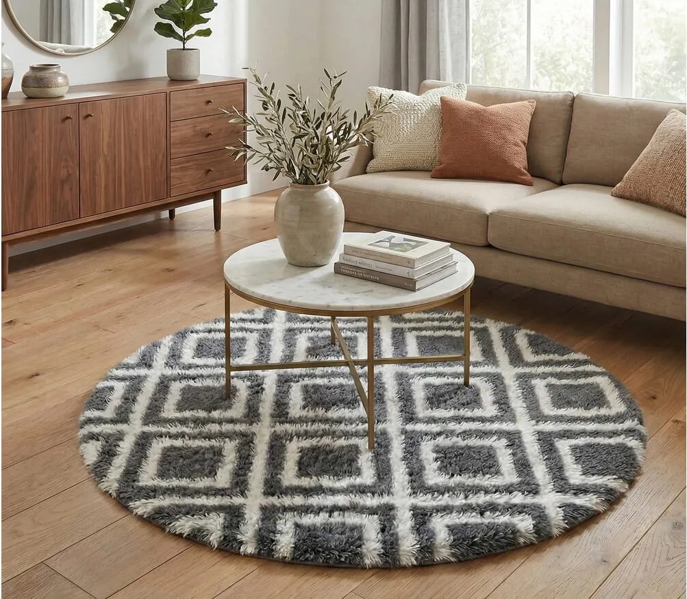 TZ Tmavosivý okrúhly vzorovaný koberec shaggy Decor Cube Rozmer: 120 cm