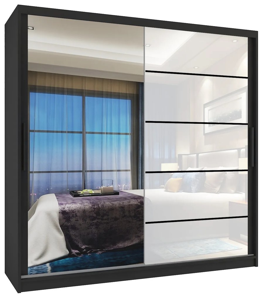 Šatníková skriňa 200 cm Belini čierny mat /biely lesk s posuvnými dverami zrkadlom a zásuvkami  MGB SZP5/1/B/1L5W/KLP
