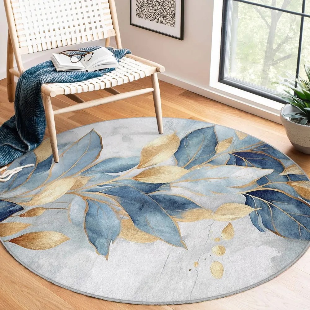 Prateľný okrúhly koberec v modrej a zlatej farbe ø 150 cm Golden Leaves – Mila Home