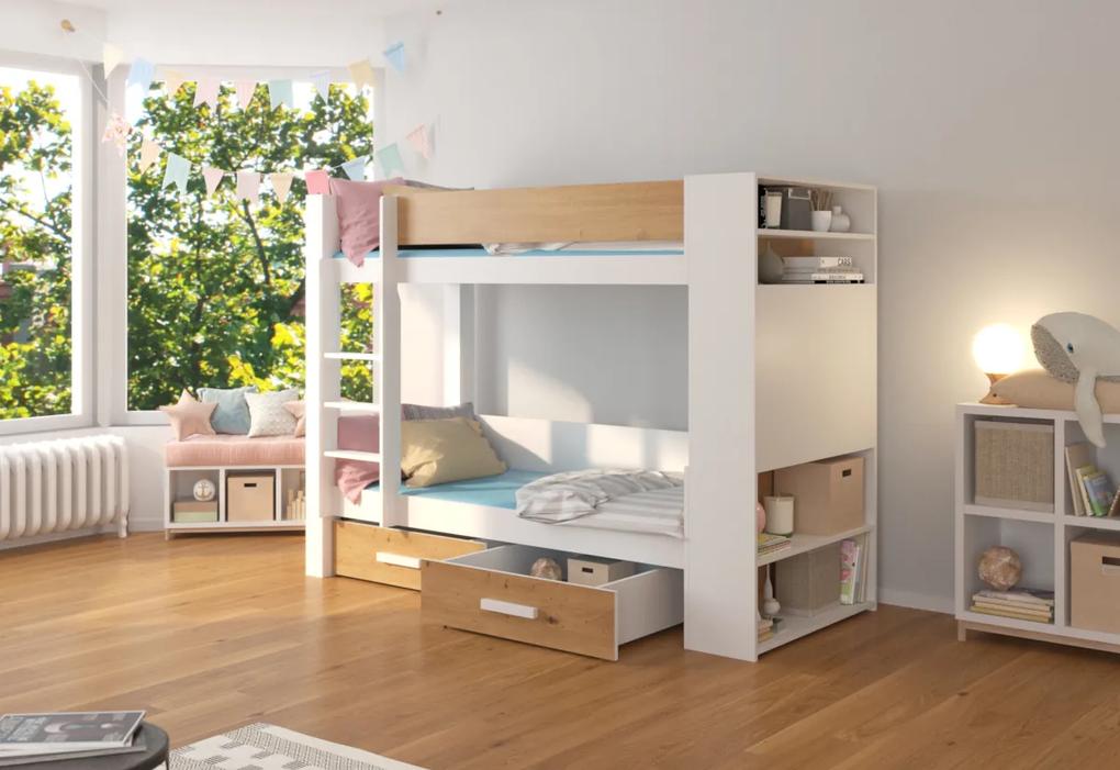 Detská poschodová posteľ GARNETA + 2x matrac, 90x200, biela