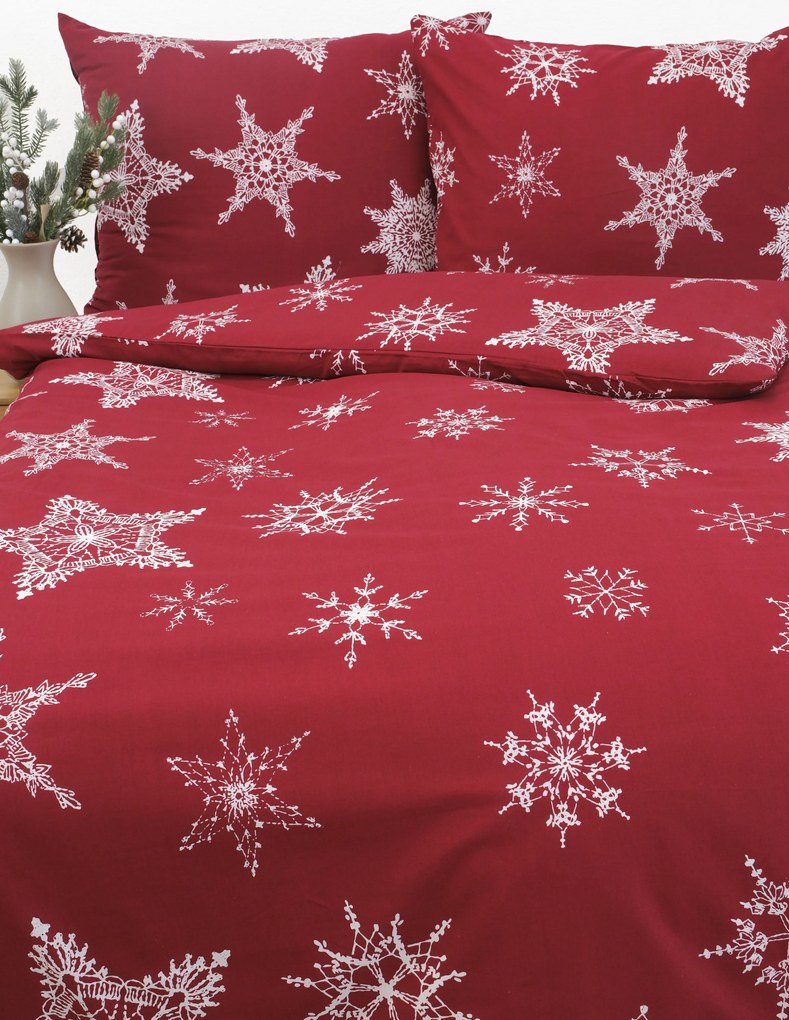 Vianočné francúzske bavlnené obliečky Renforcé - Snehové vločky červené