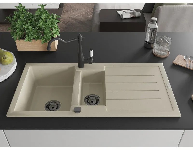 Mexen Andres, granitový drez 1000x500x200 mm, 1,5-komorový a drezová batéria Carla, béžová, 6515-69-670700-70