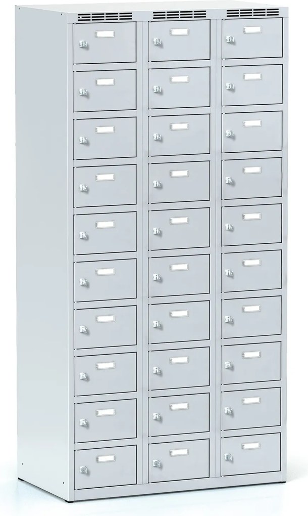 Šatníková skrinka S6 s úložnými boxami, 30 boxov, 1800 x 900 x 500 mm, cylindrický zámok, sivé dvere