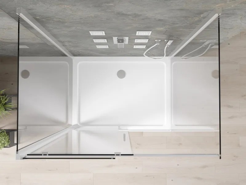 Mexen Omega, 3-stenový sprchovací kút s posuvnými dverami 100 (dvere) x 80 (stena) x 190 cm, 8mm číre sklo, chrómový profil + biela sprchová vanička SLIM, 825-100-080-01-00-3S-4010
