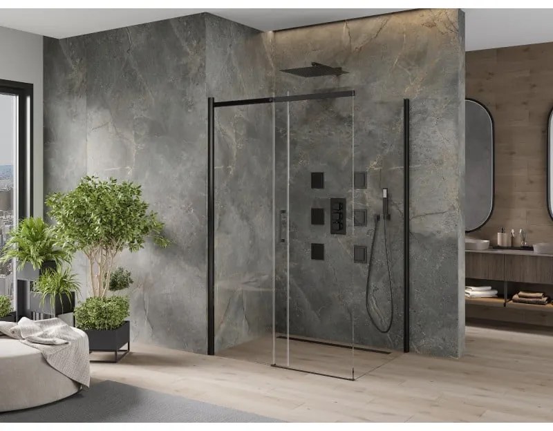 Mexen Omega, sprchovací kút s posuvnými dverami 110 (dvere) x 70 (stena) cm, 8mm sklo, čierny profil-číre sklo, 825-110-070-70-00