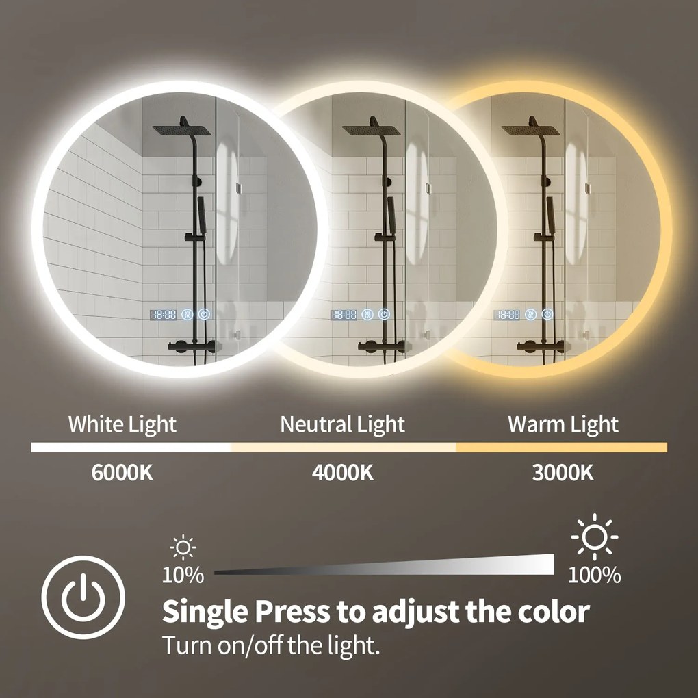 Erga Deam, okrúhle LED zrkadlo 70cm, 3 farby svetla, predné osvetlenie, vyhrievacia podložka proti zapareniu, ERG-V01-Deam-7070-CL