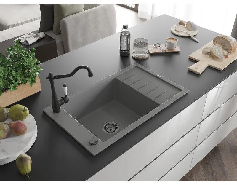 Mexen Elias, granitový drez 795x480x200 mm, 1-komorový a drezová batéria Carla, šedá, 6511-71-670700-70-B