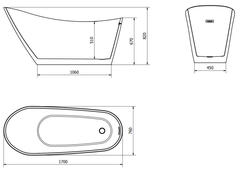 Mexen OVIEDO VOĽNE STOJACA VANA Biela 170 x 76 CM + sifón automat, 51561707600