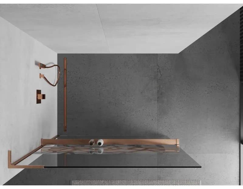 Mexen Kioto+ L, sprchová zástena Walk-In s poličkou a vešiakom 70 x 200 cm, 8mm číre sklo biely vzor, medený matný profil, 800-070-123-65-85