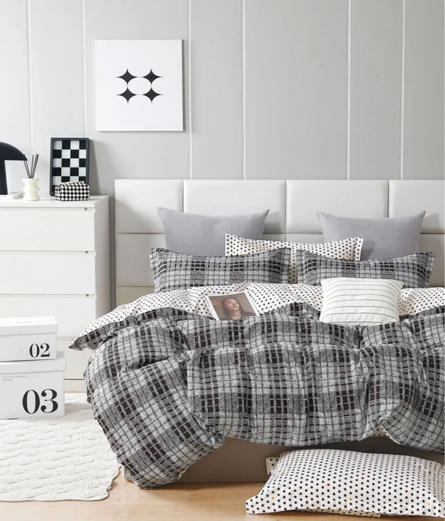 3 dielne Flanelové obliečky polycotton Karo sivé 200x140cm+90x70cm TiaHome