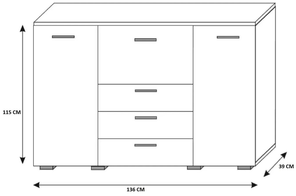 KOMODA BEATE LED ČIERNÁ + BIELE ZÁSUVKY + ČIERNY KORPUS VYSOKÝ LESK 136 cm