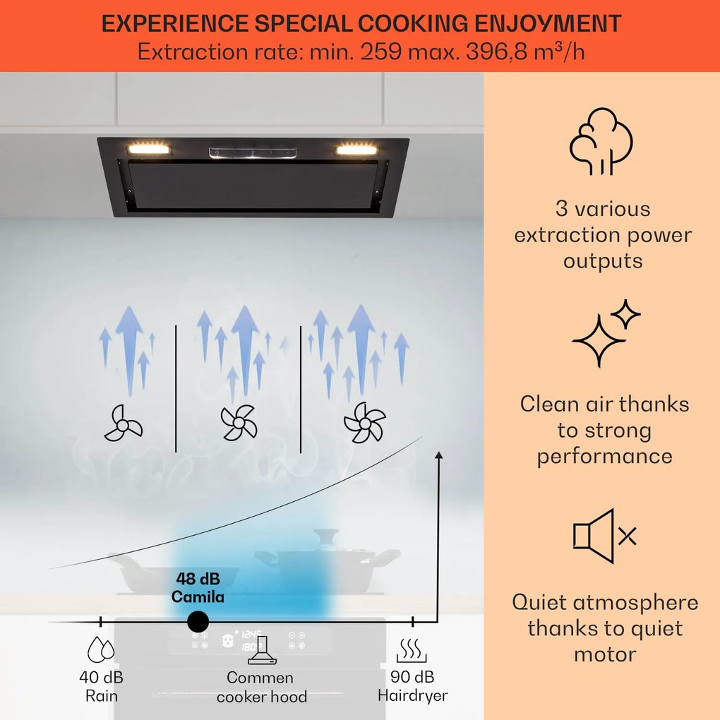 Klarstein Camila, vstavaný digestor, 52 cm, 397 m³/h, LED, dotyková plocha, nehrdzavejúca oceľ