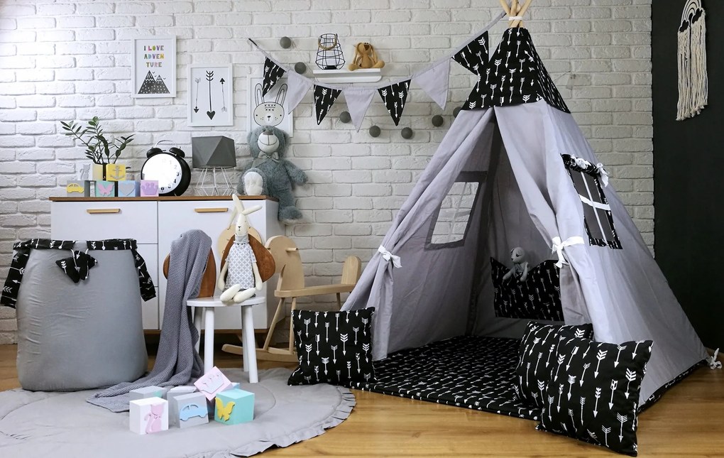Detský stan TEEPEE (TÍPÍ) ŠÍPY s doplnkami - sivý / čierny
