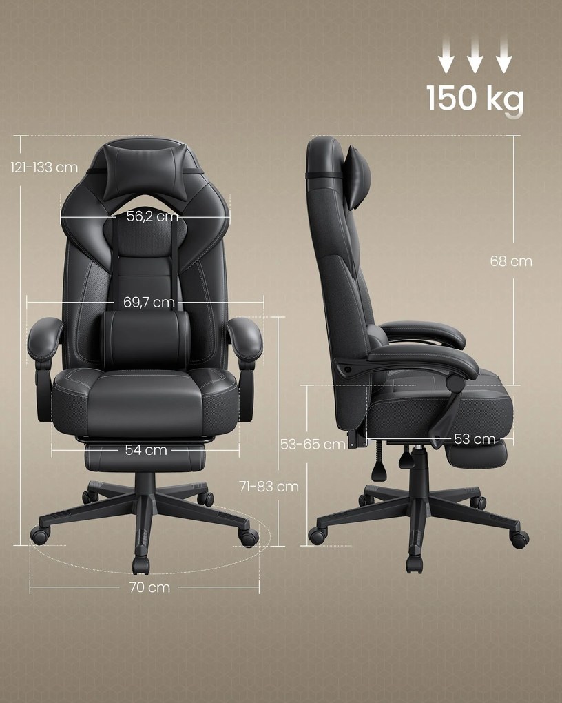 Herná stolička s opierkou nôh, ergonomický dizajn, čierna farba