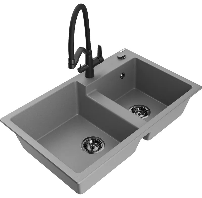 Mexen Tomas, 2-komorový granitový drez 800x500x190 mm a kuchynská batéria Duo, šedá, 6516-71-671701-70-B
