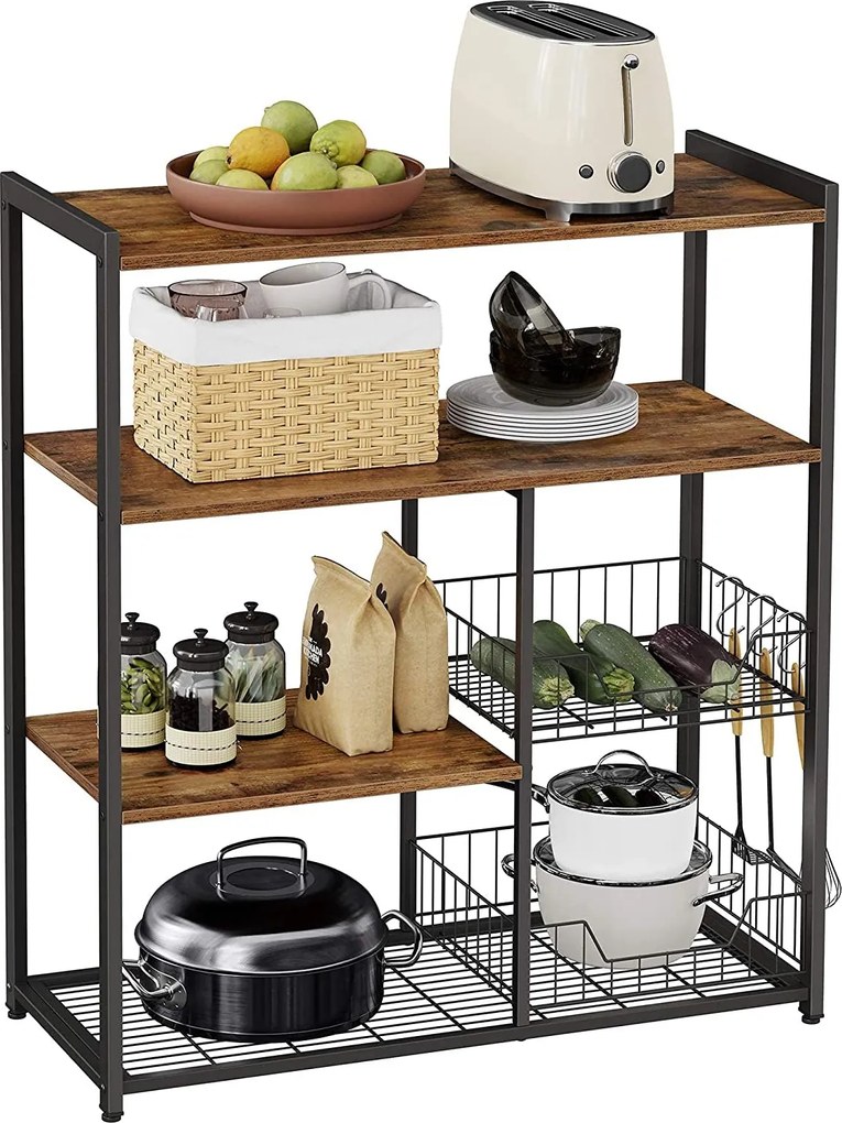 Kuchynský policový stojan, s kovovými košíkmi, 80 x 35 x 95 cm, rustikálne hnedý