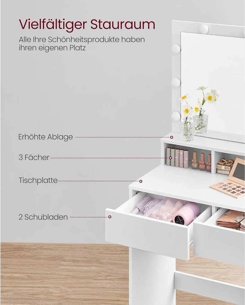 Toaletný stolík s LED osvetlením, so zrkadlom, nastaviteľný jas, biely