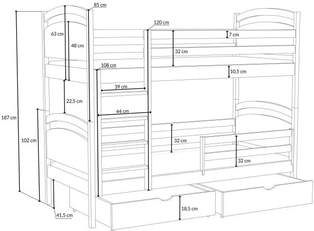 Detská poschodová posteľ z masívu borovice MARCELA so šuplíkmi - 200x90 cm - BIELA