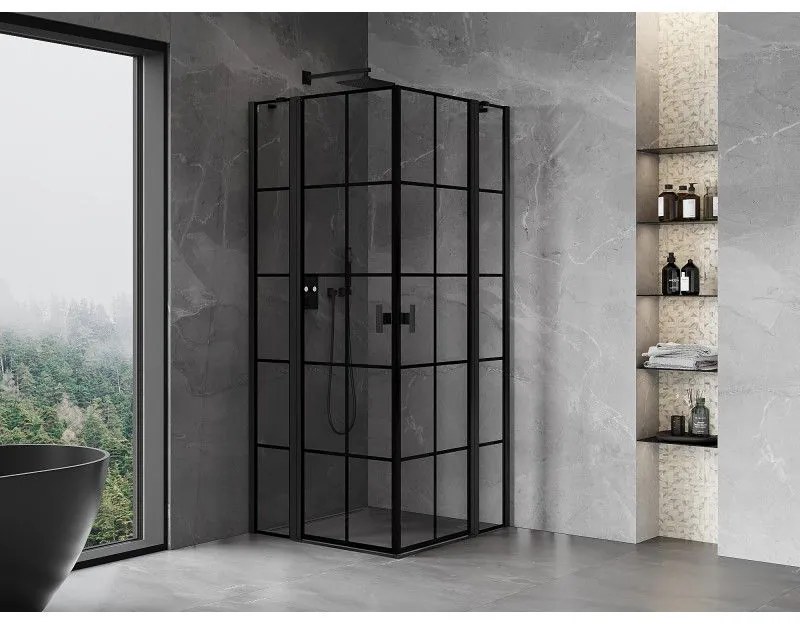 Mexen, Mexen Mist Duo výklopný sprchový kút 70 x 70 cm, čierna mriežka - 8A4-070L-070P-70-77