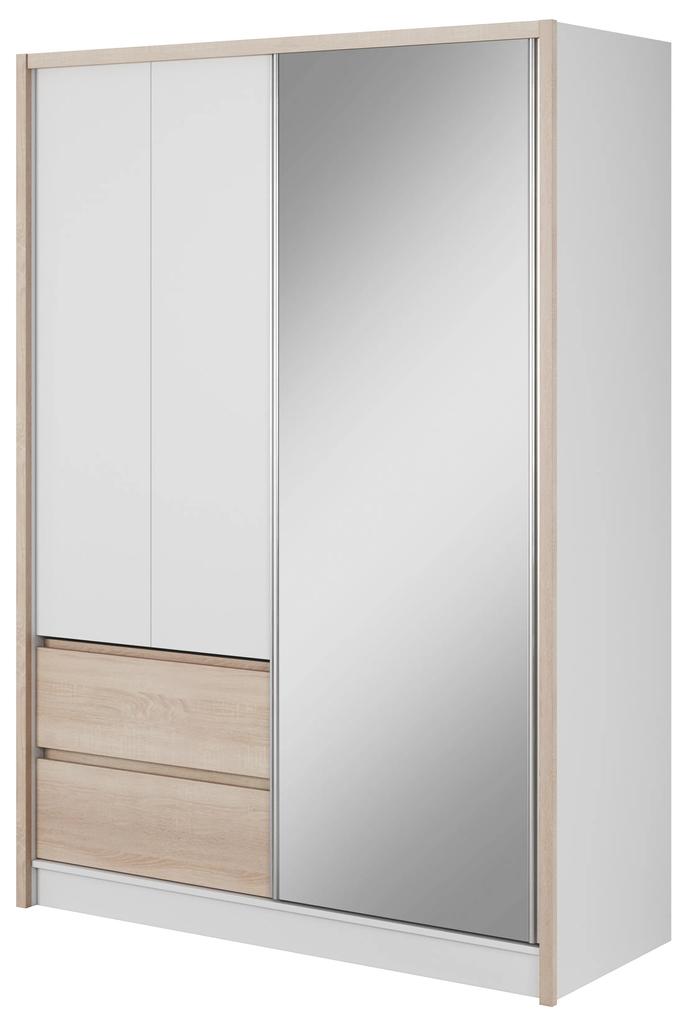 Šatníková dvojdverová skriňa SCOTT so zrkadlom biela + dub sonoma 150 cm