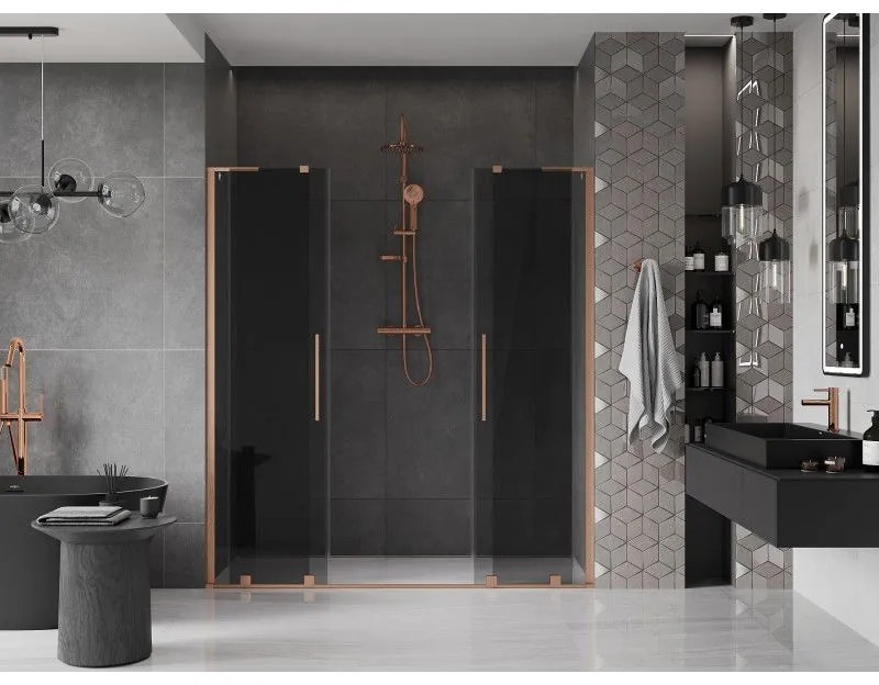 Mexen Velar L Duo, posuvné sprchové dvere do otvoru 170 cm, 8mm šedé sklo, medená matná, 871-170-003-42-65