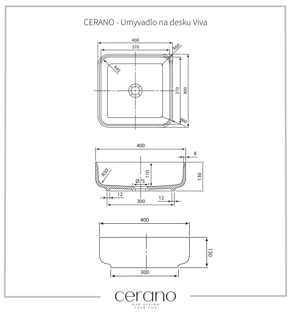 Cerano Viva, umývadlo na dosku z liateho mramoru 400x400x130 mm, biela matná, CER-CER-WB01