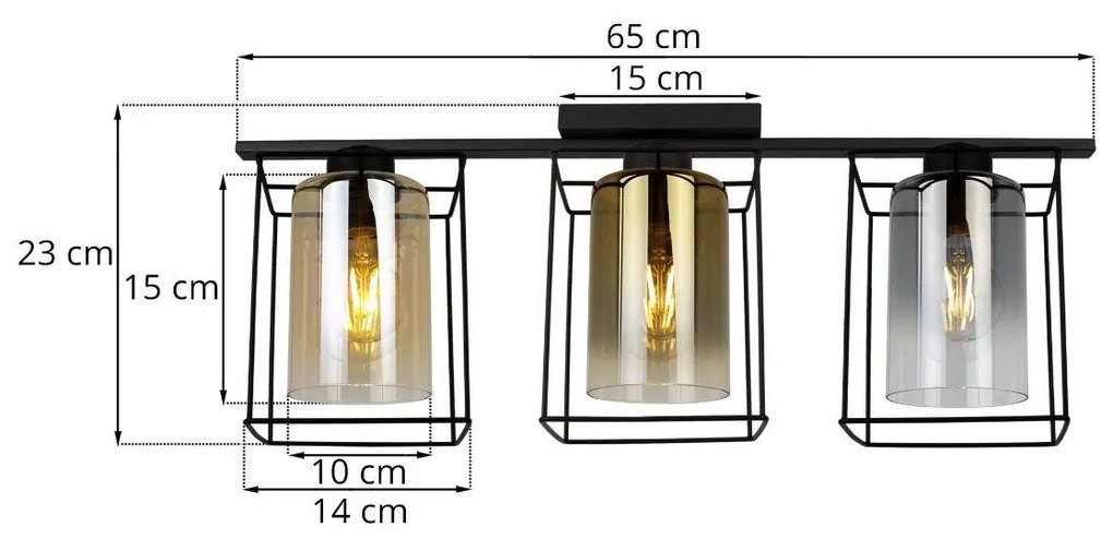 Stropné svietidlo Hella cage, 3x sklenené tienidlo (mix 3 farieb) v kovovom ráme
