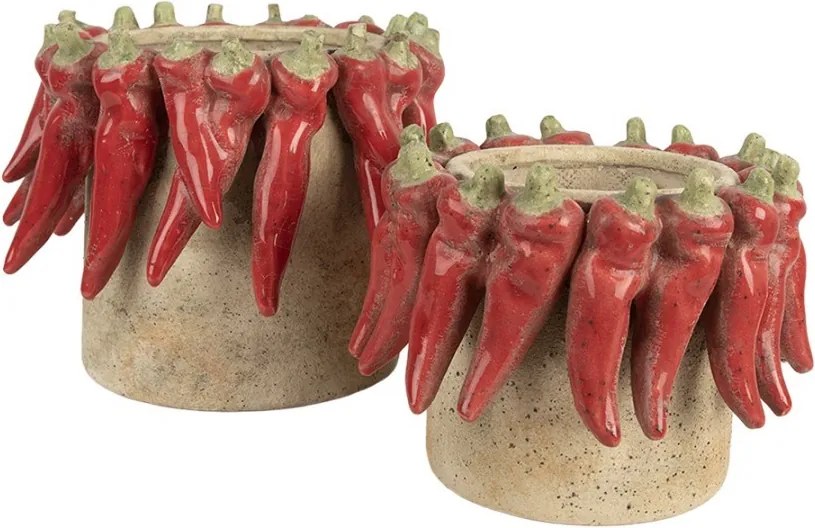 Béžový antik terakotový obal na kvetináč s papričkami M - Ø 17*13 cm