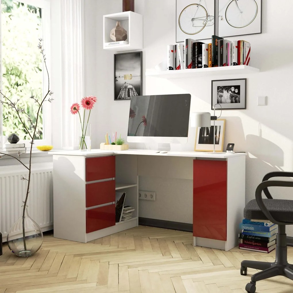 Rohový písací stôl B20 biely/červený ľavý