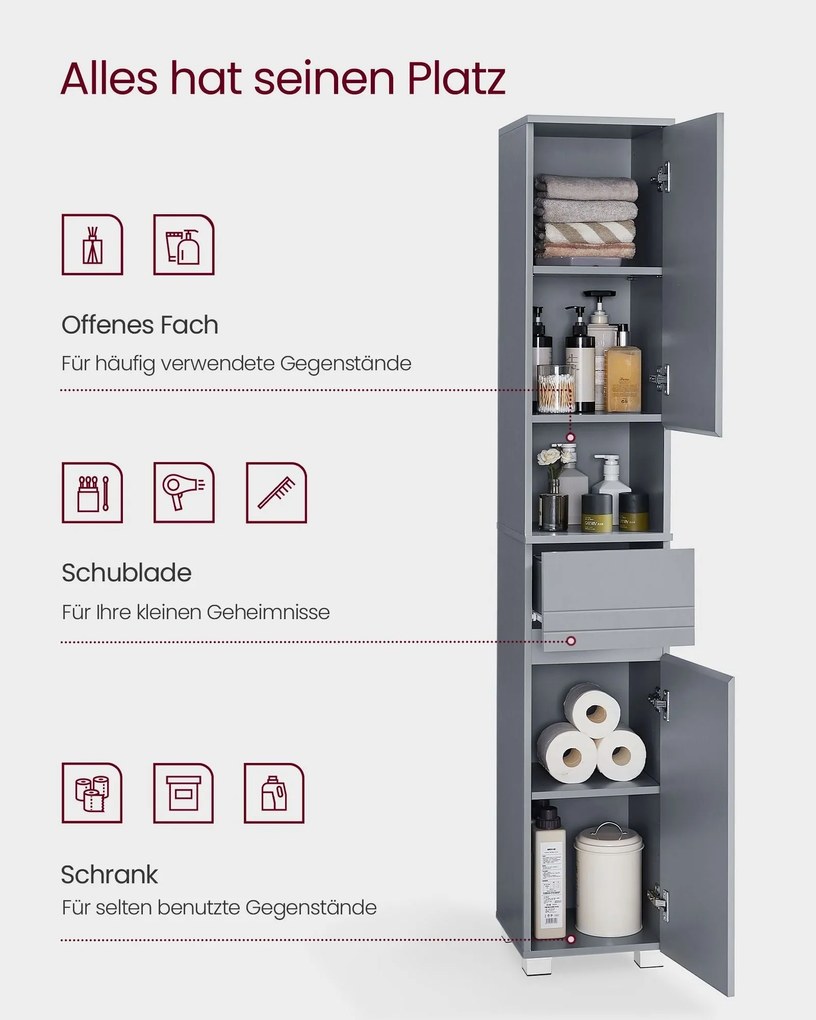 VASAGLE vysoká kúpeľňová skrinka 30 × 30 × 170 cm, v tajomnej sivej farbe