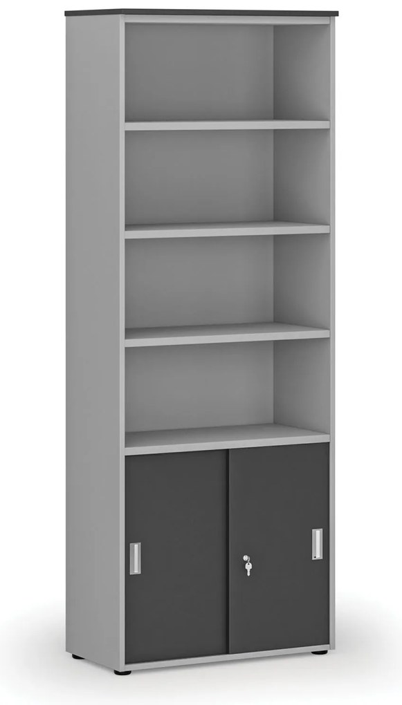 Kombinovaná kancelárska skriňa PRIMO GRAY, zasúvacie dvere na 2 poschodia, 800 x 420 x 2128 mm, sivá/grafit