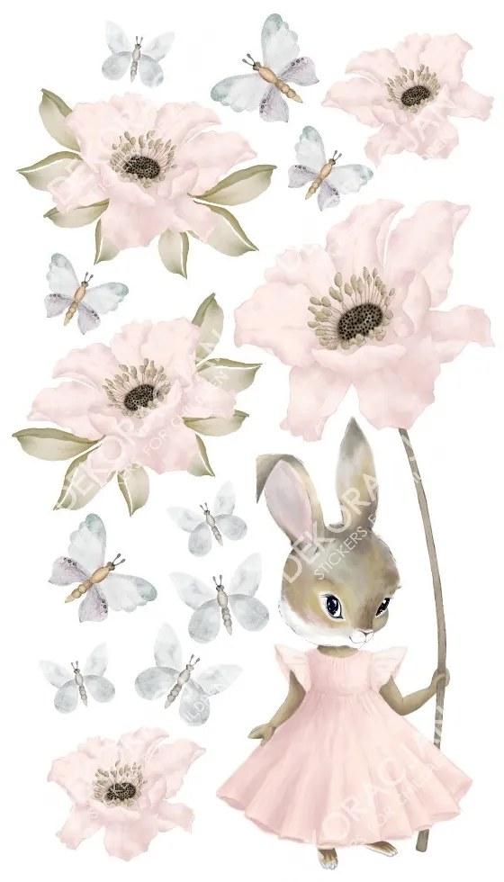 Gario Detská nálepka na stenu Pastel bunnies - zajačik, kvety a motýle Rozmery: XL