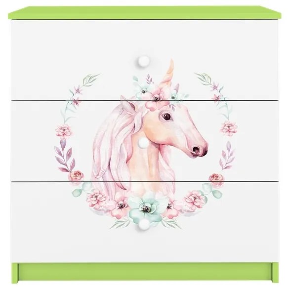 Detská komoda BABYDREAMS Jednorožec zelená