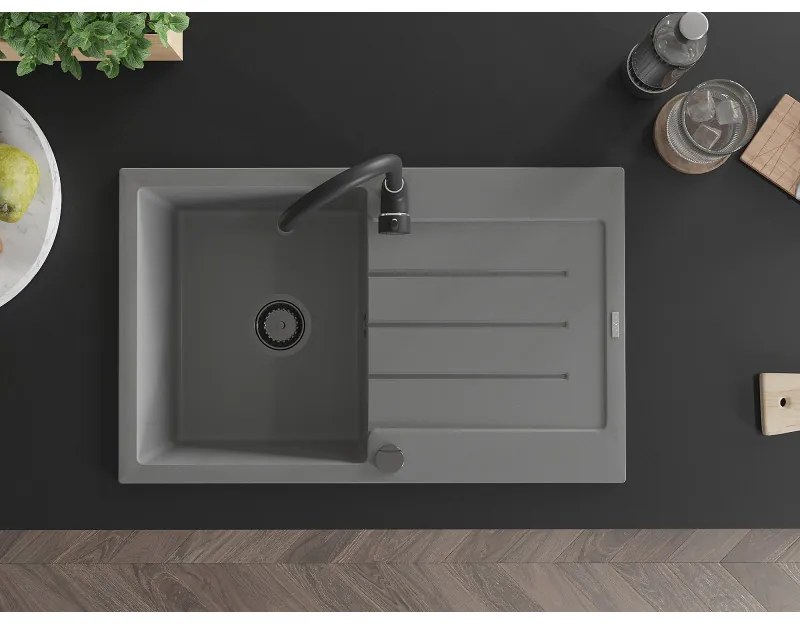 Mexen Bruno, granitový drez 795x495x200 mm, 1-komorový, šedá s čiernym sifónom, 6513791010-71-B