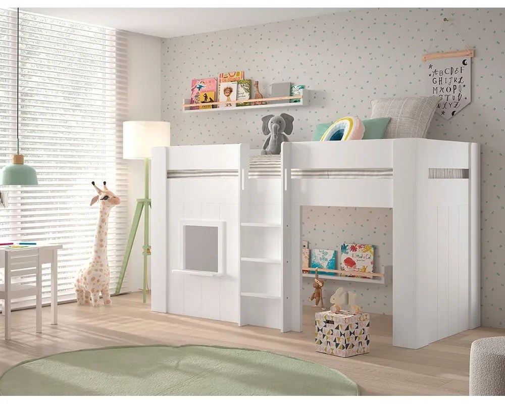 Biela vyvýšená detská posteľ z borovicového dreva 90x200 cm RENO – Vipack