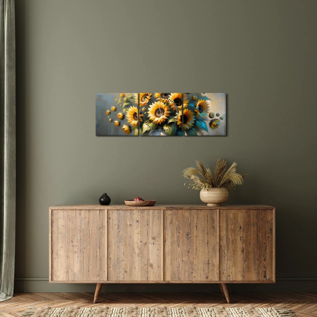 Obraz – Váza so slnečnicami (s hodinami) (90x30 cm)