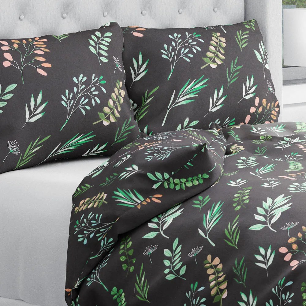 Biante Bavlnené posteľné obliečky Sandra SA-556 Vetvičky s lístkami na čiernom Jednolôžko 140x200 a 70x90 cm