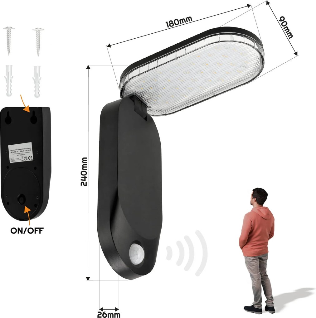 BERGE Solárna lampa s pohybovým senzorom IP65