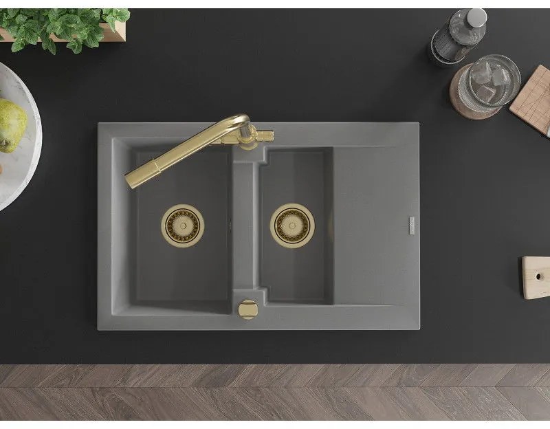 Mexen Gaspar, granitový drez 737x475x177 mm, 1,5-komorový, zlatá batéria Duero, šedá, 6507-71-671600-50