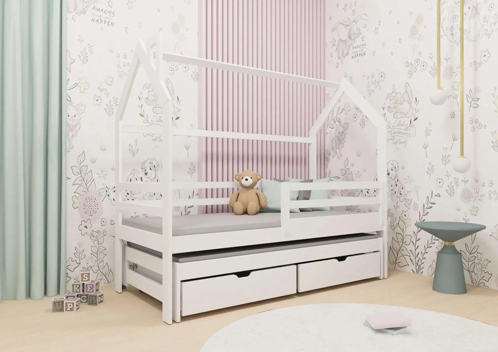 Detská domčeková posteľ s prístelkou a šuplíky DAISY - 200x90 cm - biela