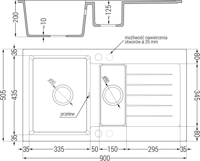Mexen Matias, granitový drez 900x505x200 mm, 1,5-komorový a šedá batéria Rita, šedá, 6502-71-670300-71