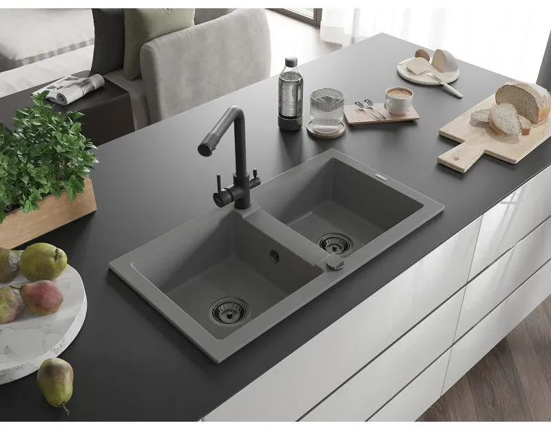 Mexen Mario, 2-komorový granitový drez 820x436x161 mm a čierna drezová batéria Duero, šedá, 6504-71-671600-70-B