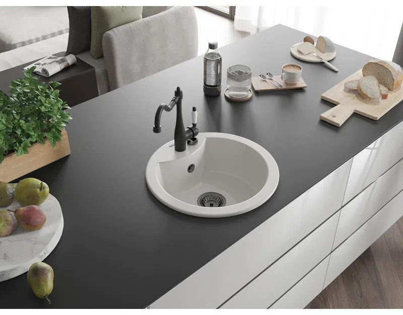 Mexen Diego, granitový drez 488x488x167 mm, 1-komorový a drezová batéria Carla, biela, 6512-20-670700-70