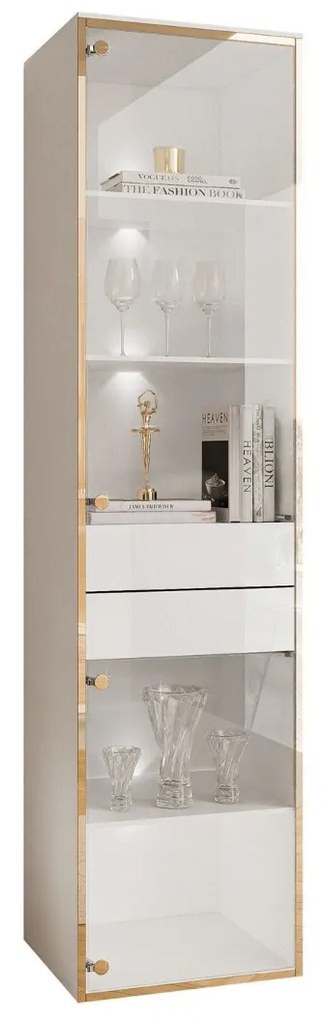 ZÁVESNÁ VITRÍNA NESSIE BIELY LESK + ZLATÁ 45 x 181 cm